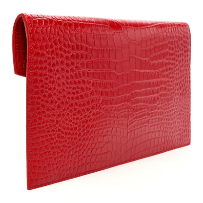 Saint Laurent Calfskin Crocodile Embossed Uptown Monogram Clutch Rouge Eros 3 of 6