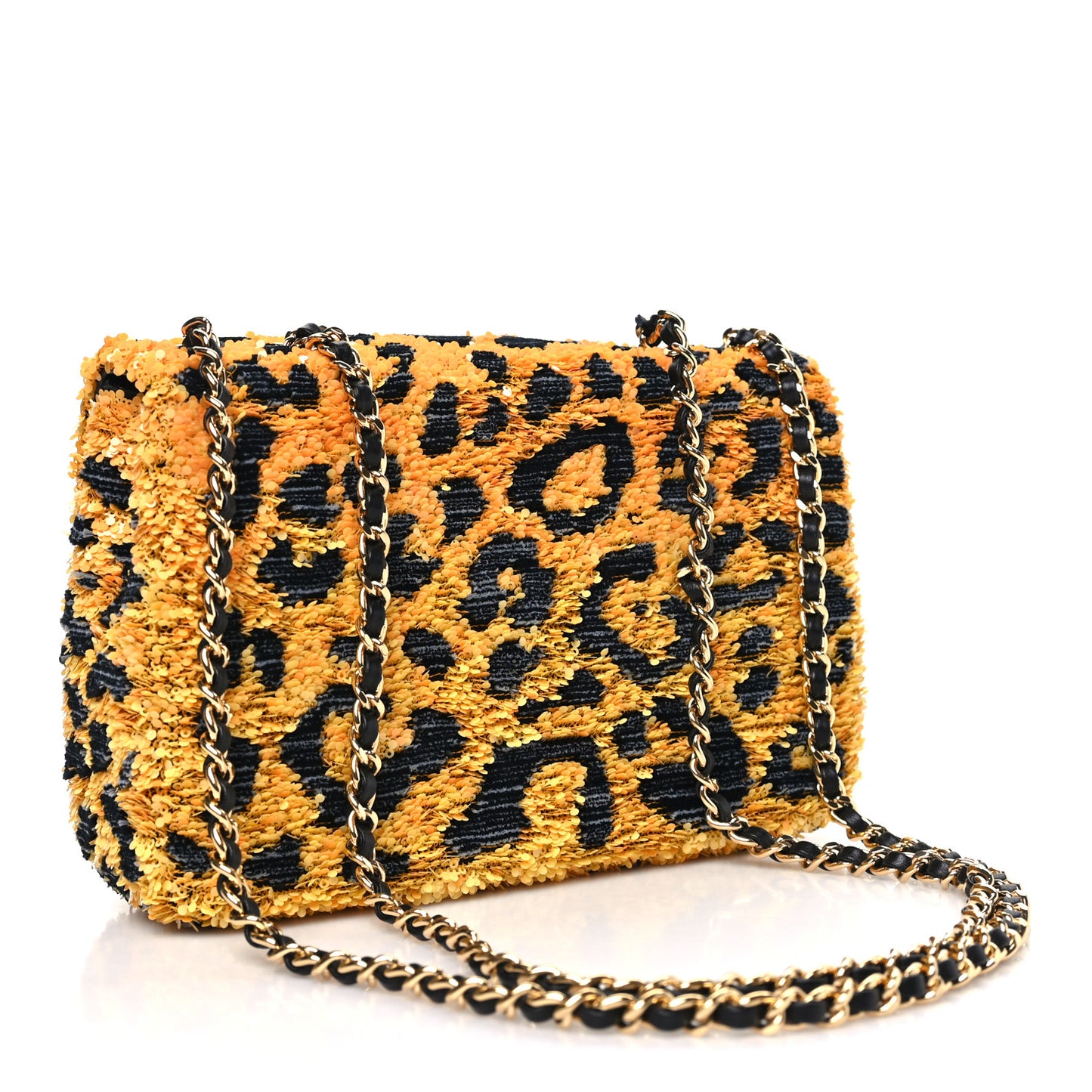 Sequin Mixed Fibers Leopard Print Mini Rectangular Flap Black Orange