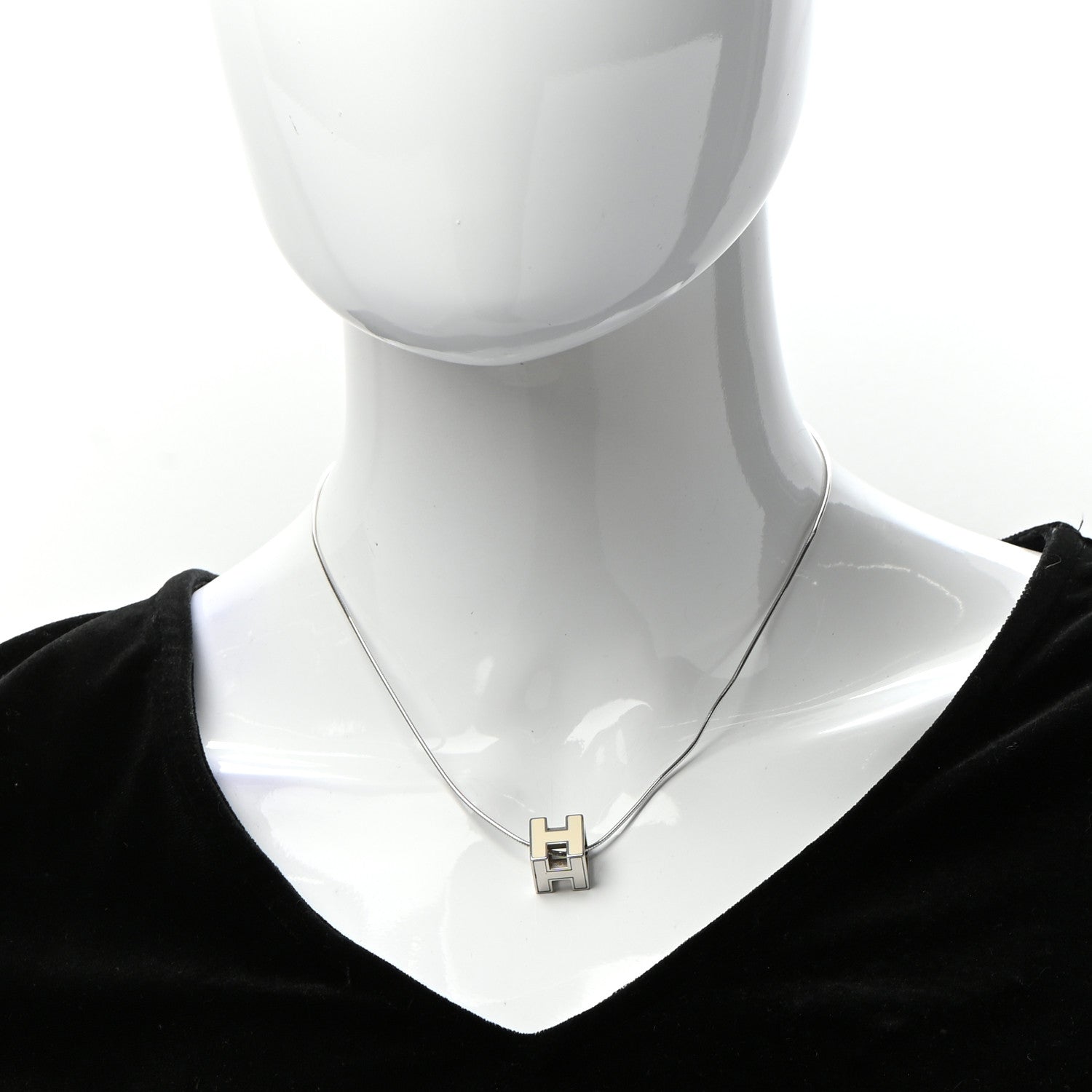 Hermes Palladium Lacquered Cage d'H Pendant Necklace Ecru 2 of 8