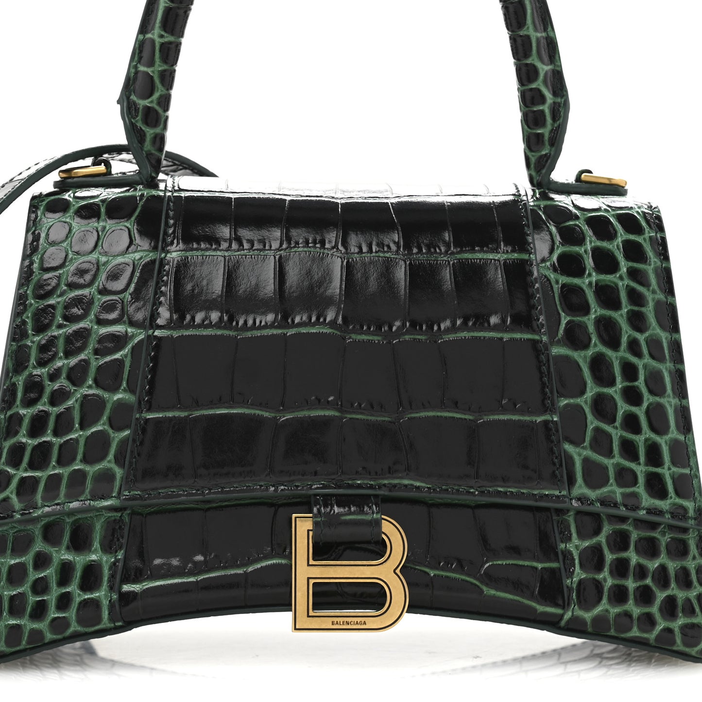 Shiny Calfskin Crocodile Embossed Small Hourglass Top Handle Bag Forest Green