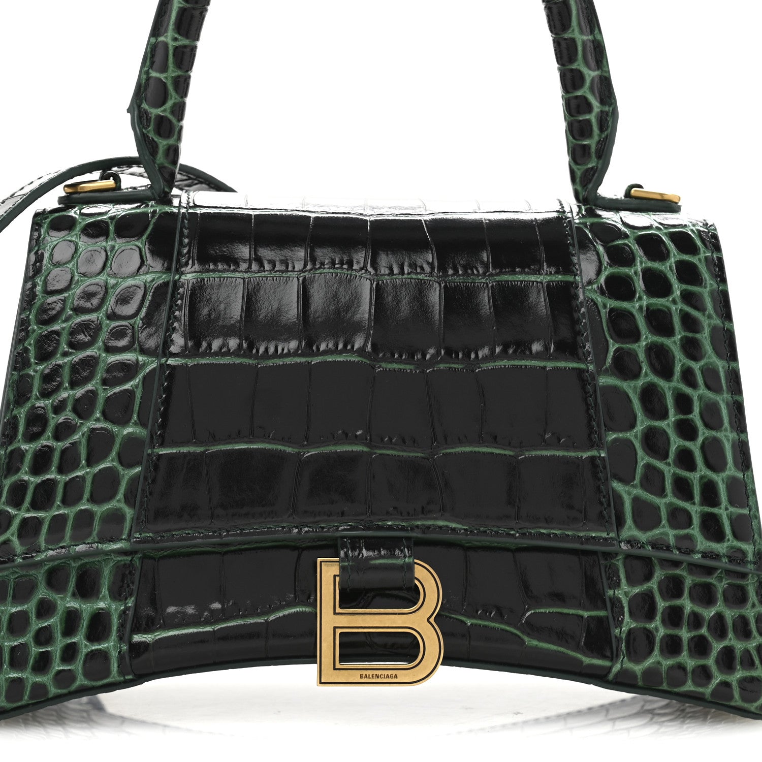 Balenciaga Shiny Calfskin Crocodile Embossed Small Hourglass Top Handle Bag Forest Green 8 of 14
