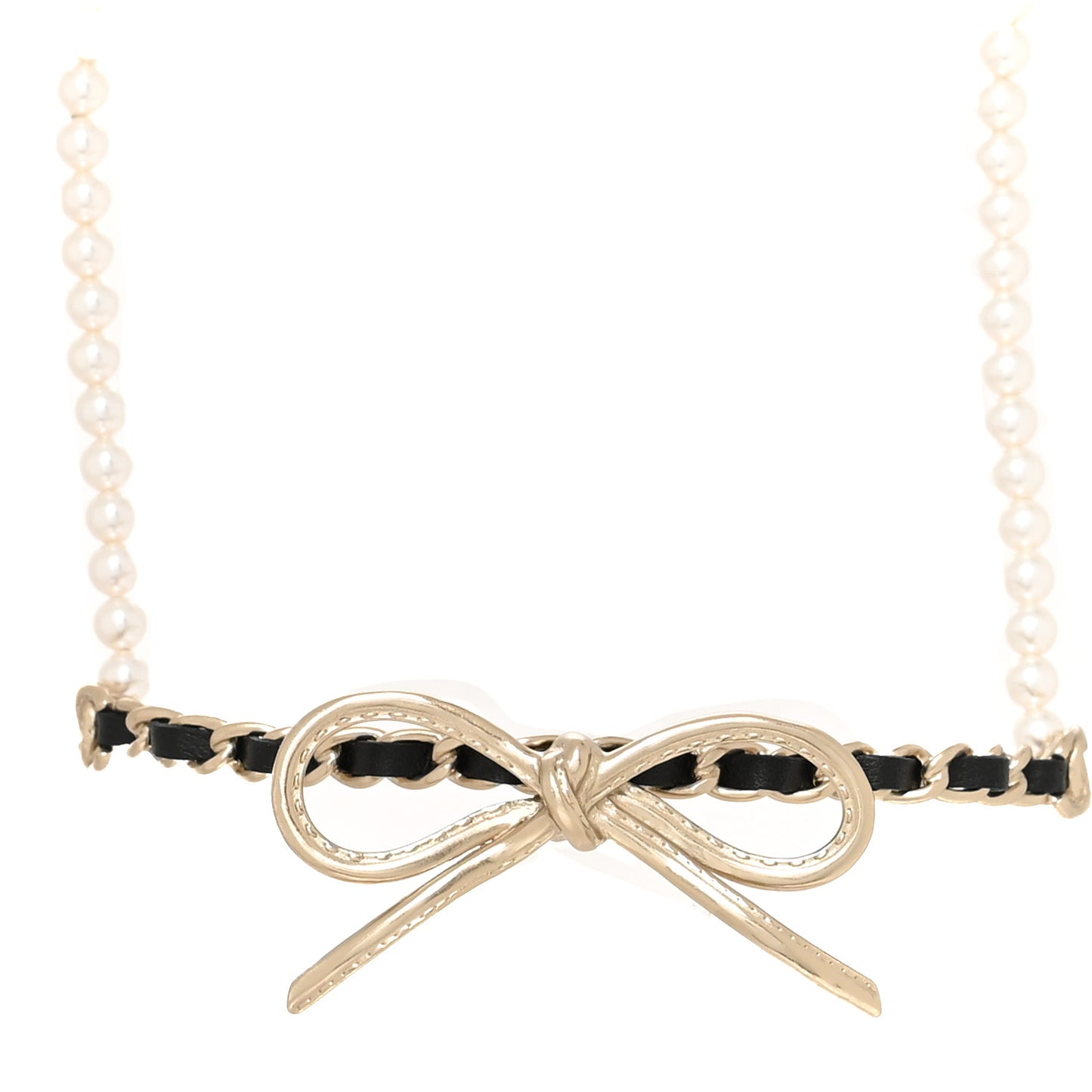 Calfskin Pearl Metal CC Bow Choker Necklace Gold White Black