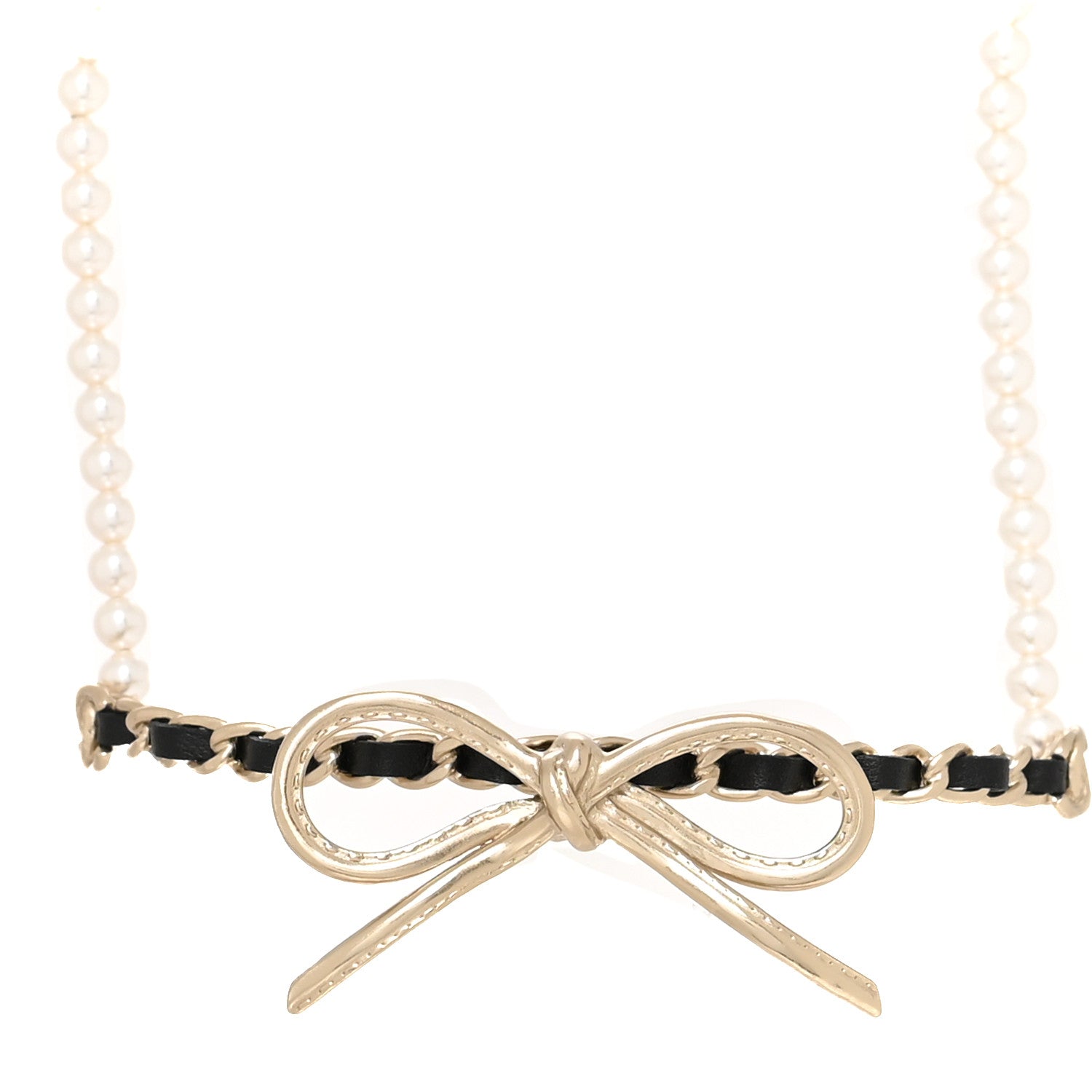 Chanel Calfskin Pearl Metal CC Bow Choker Necklace Gold White Black 3 of 5