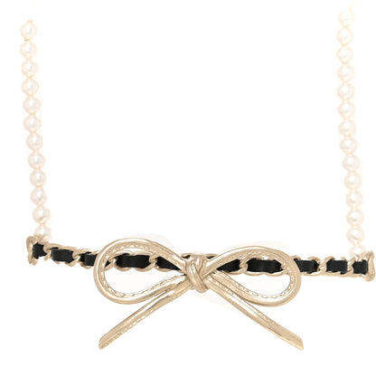 Chanel Calfskin Pearl Metal CC Bow Choker Necklace Gold White Black 3 of 5
