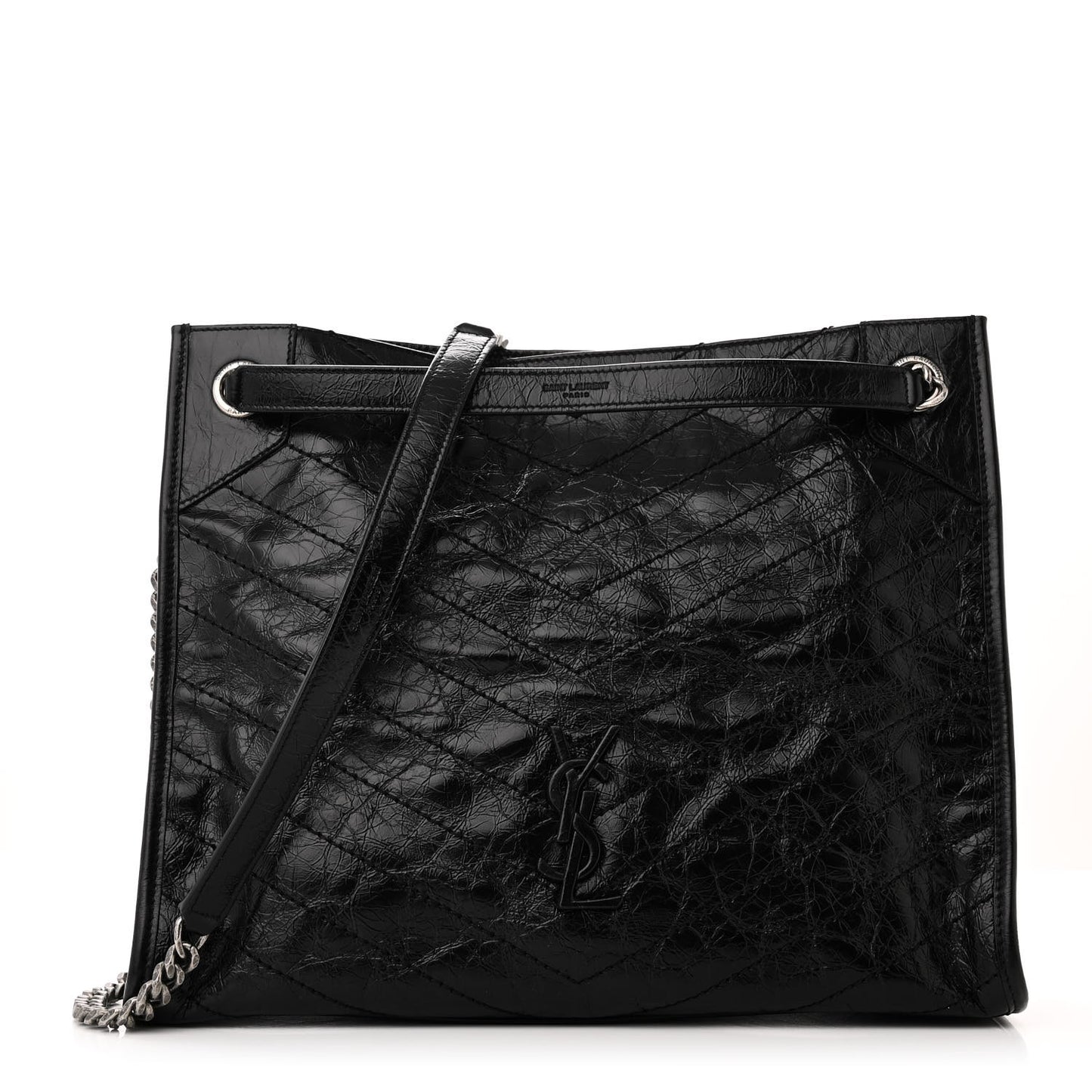 SAINT LAURENT Crinkled Calfskin Matelasse Monogram Medium Niki Shopper Tote Black