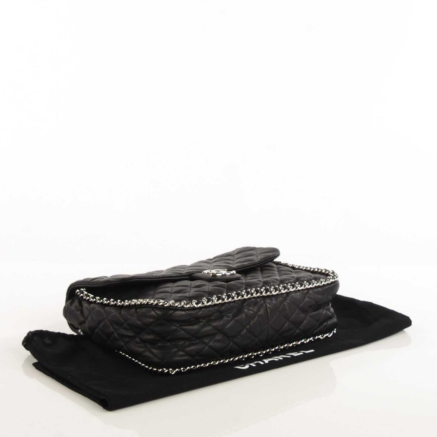 Crumpled Lambskin Quilted Chain Around Maxi Flap Black