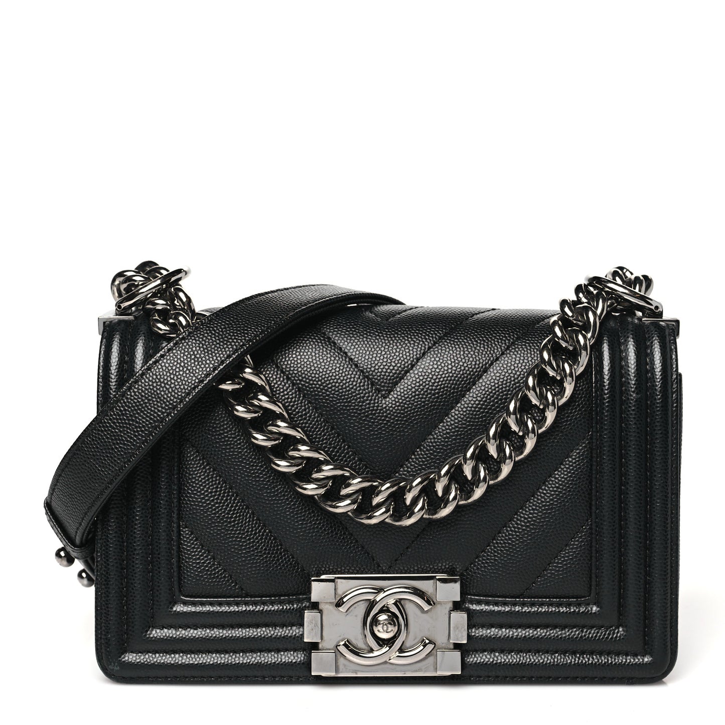 Caviar Chevron Quilted Small Boy Flap Black