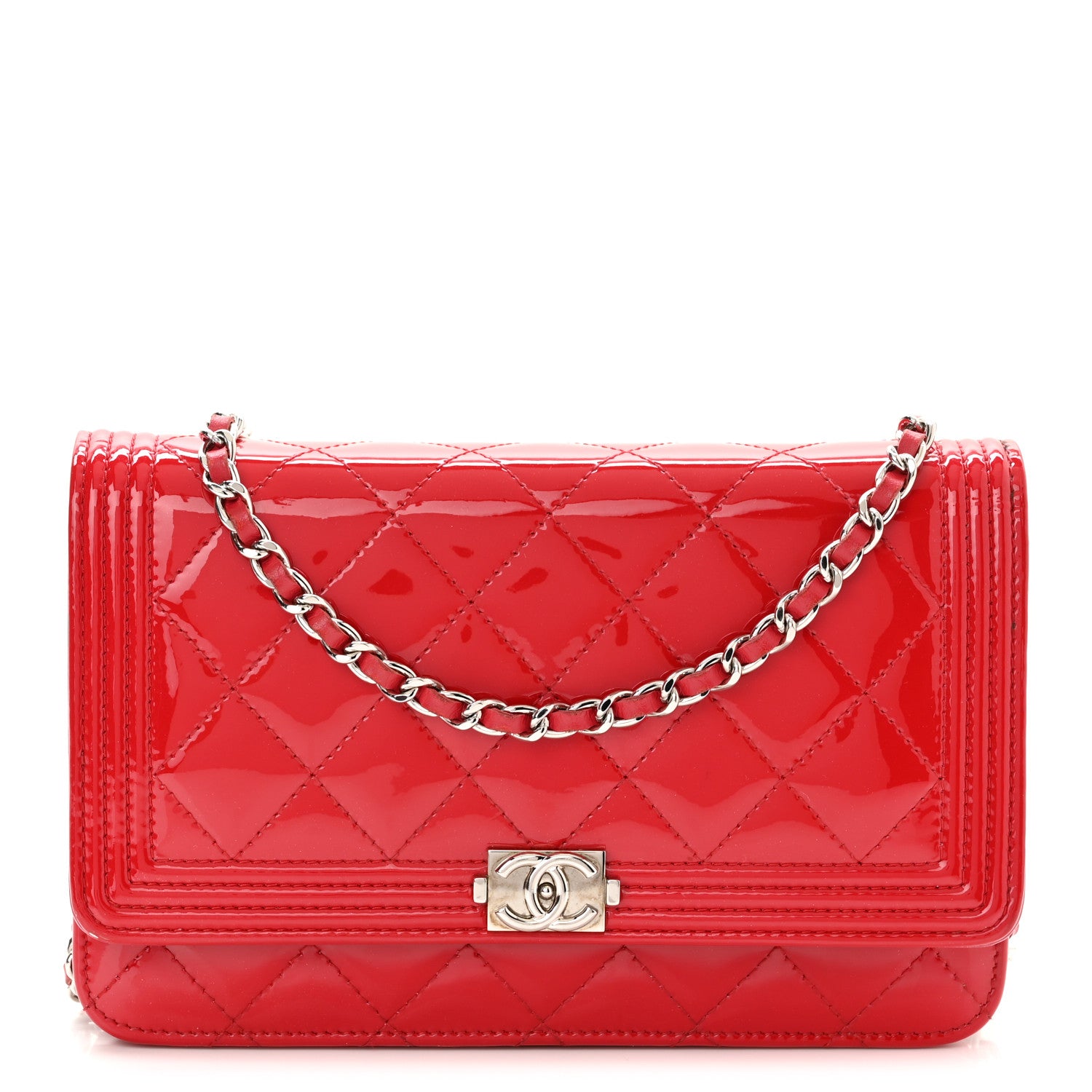 Chanel Patent Calfskin Quilted Boy Wallet On Chain WOC Red 1 of 11