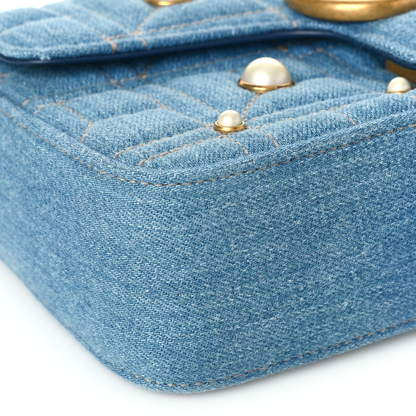 Denim Matelasse Pearl Studded Mini GG Marmont Shoulder Bag Blue