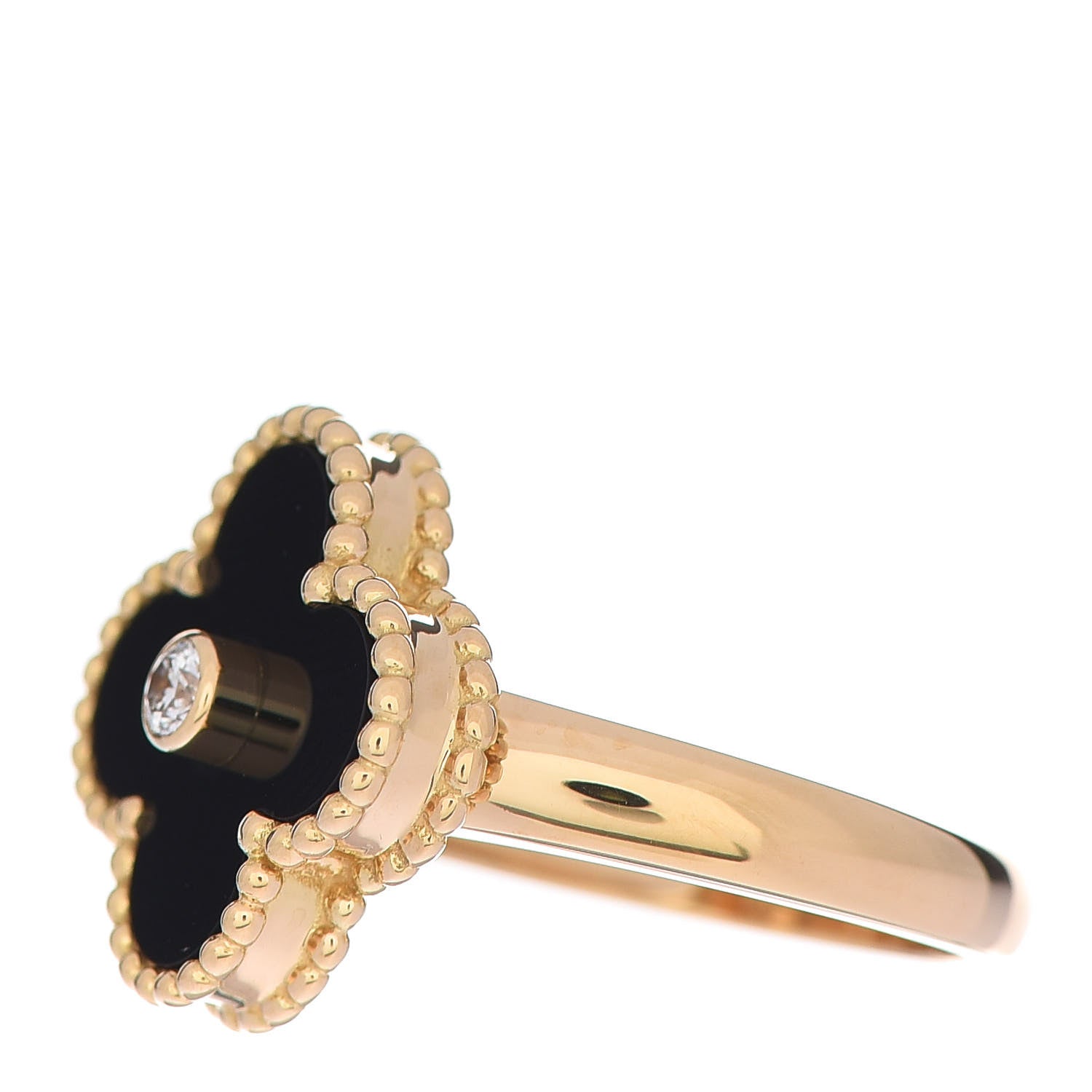 Van Cleef & Arpels 18K Yellow Gold Black Onyx Diamond Vintage Alhambra Ring 49 5 3 of 6