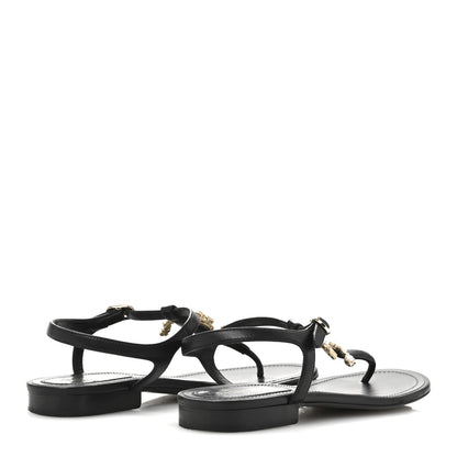 Chanel Calfskin Pearl Crystal CC Charm Thong Sandals 36.5 Black 5 of 11