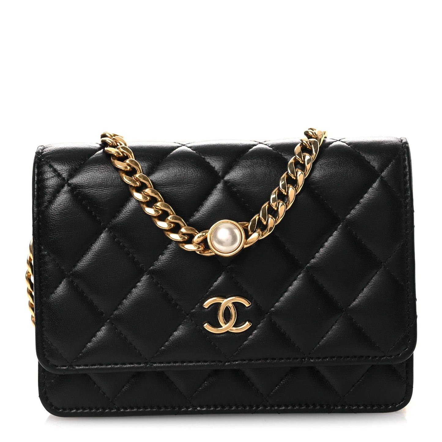 Lambskin Quilted CC Pearl Enamel Clutch on Chain WOC Black