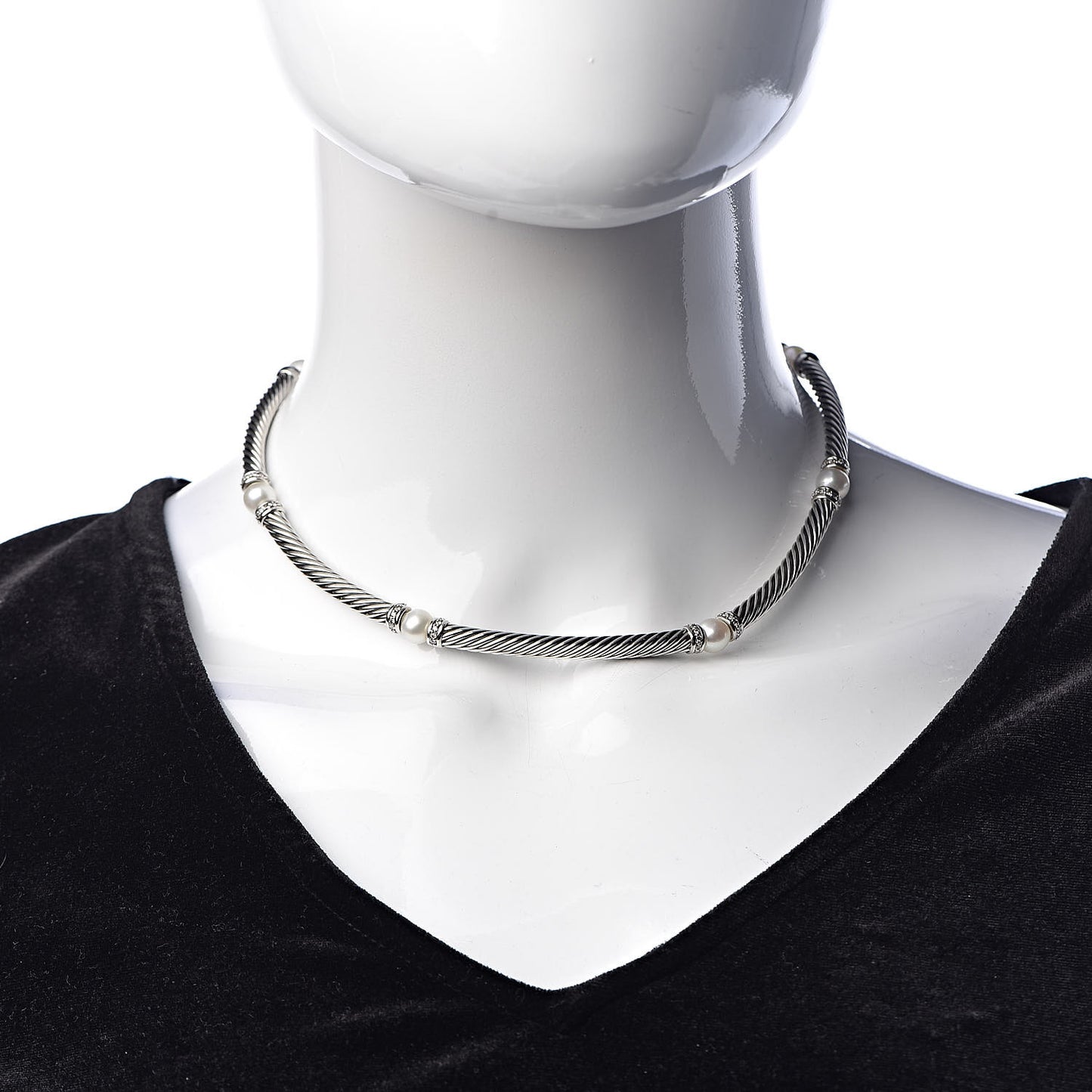 Sterling Silver Diamond Pearl Hampton Cable Choker Necklace