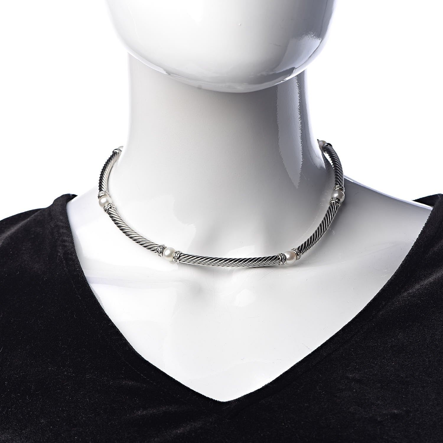 David Yurman Sterling Silver Diamond Pearl Hampton Cable Choker Necklace 2 of 5