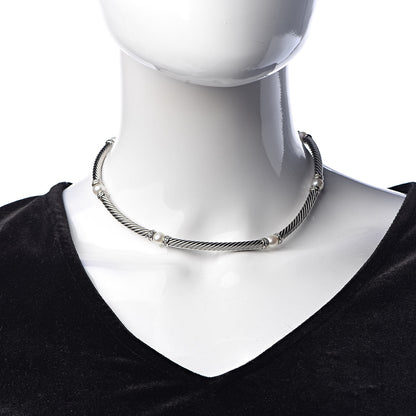 David Yurman Sterling Silver Diamond Pearl Hampton Cable Choker Necklace 2 of 5