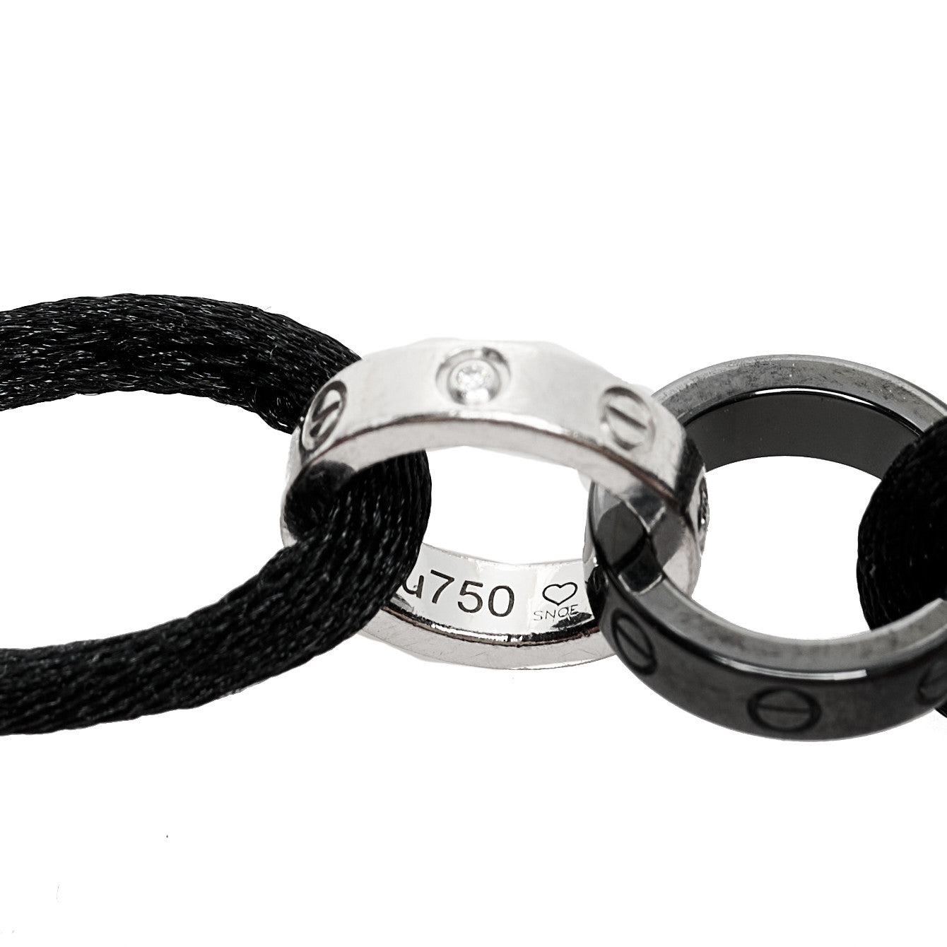 18K White Gold Ceramic 4 Diamond LOVE Cord Bracelet Black
