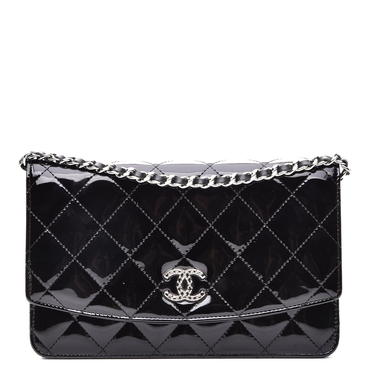 Patent Quilted Brilliant Wallet On Chain WOC Black