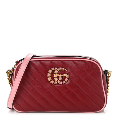 Gucci Azalea Calfskin Enamel Matelasse Diagonal Small Torchon GG Marmont Chain Shoulder Bag New Cherry Red Wild Rose 1 of 10
