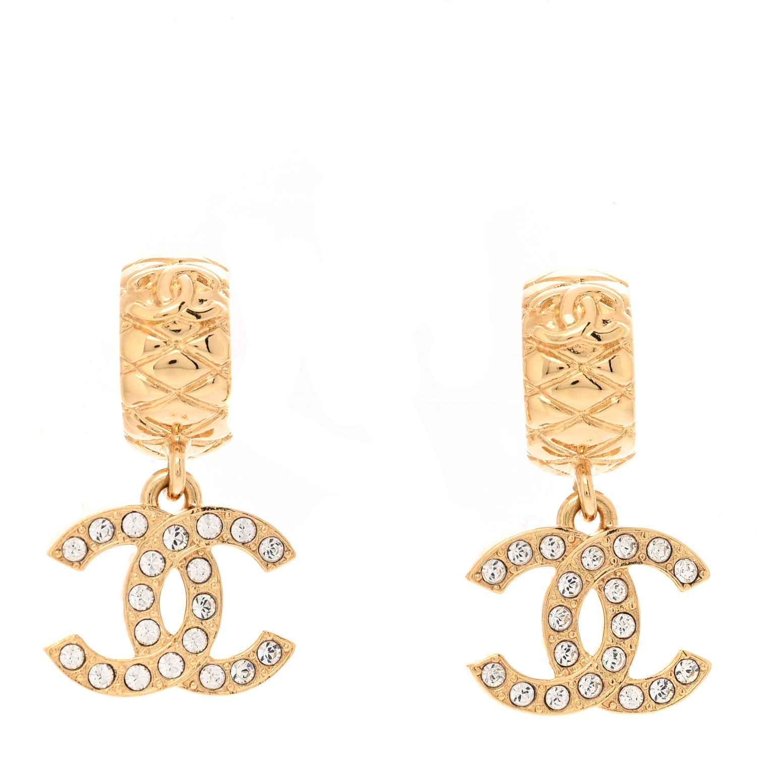 Chanel Metal Crystal CC Logo Hoop Drop Earrings Gold 1 of 6