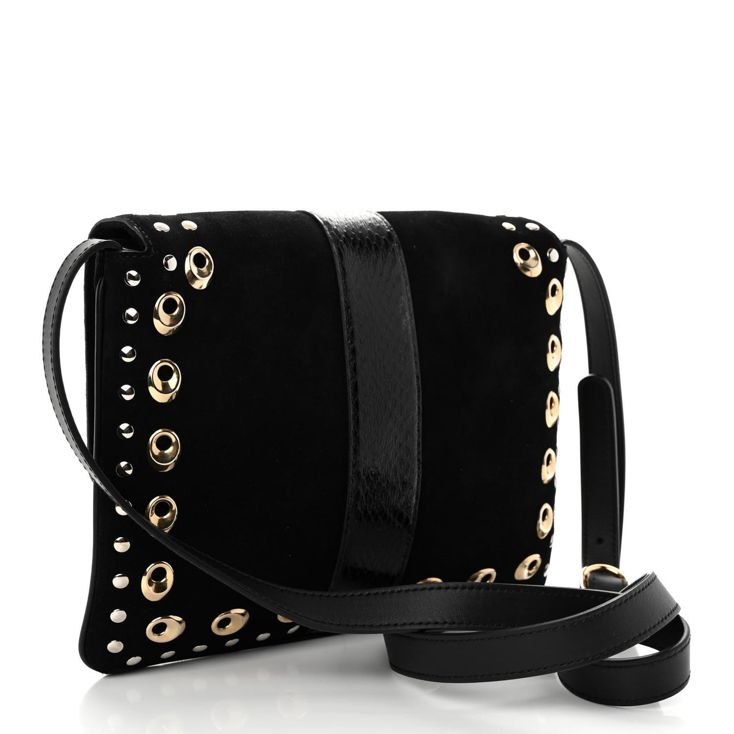 Suede Snakeskin Studded Medium Arli Flap Shoulder Bag Black