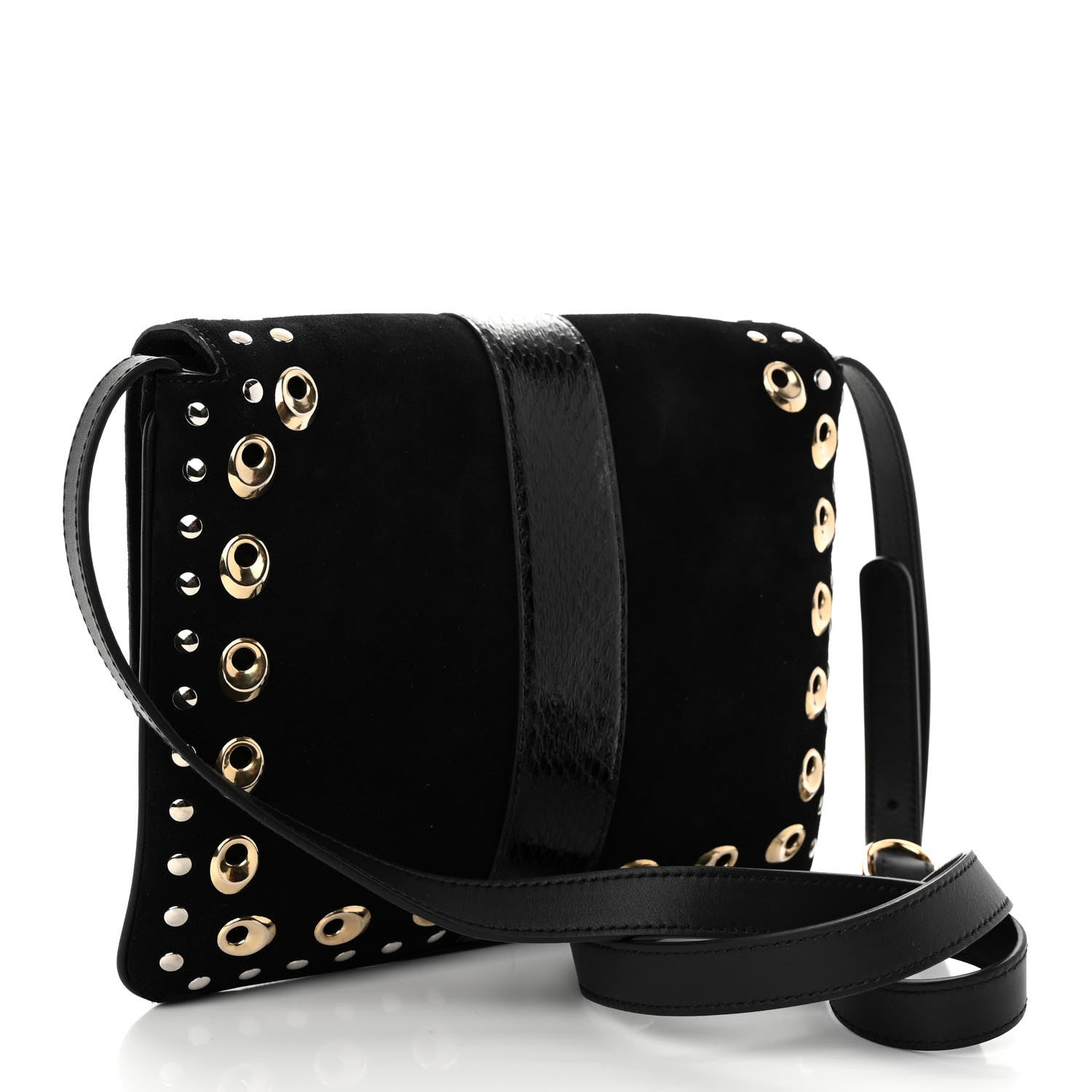 Gucci Suede Snakeskin Studded Medium Arli Flap Shoulder Bag Black 3 of 10