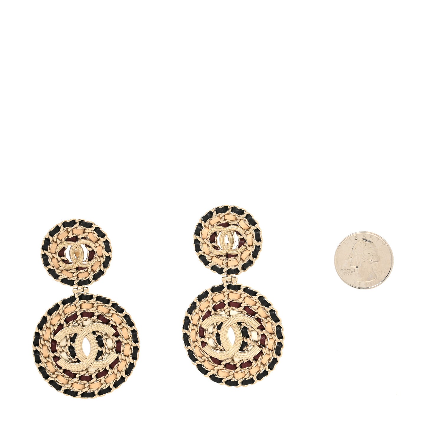Metal Lambskin CC Drop Round Earrings Black Gold