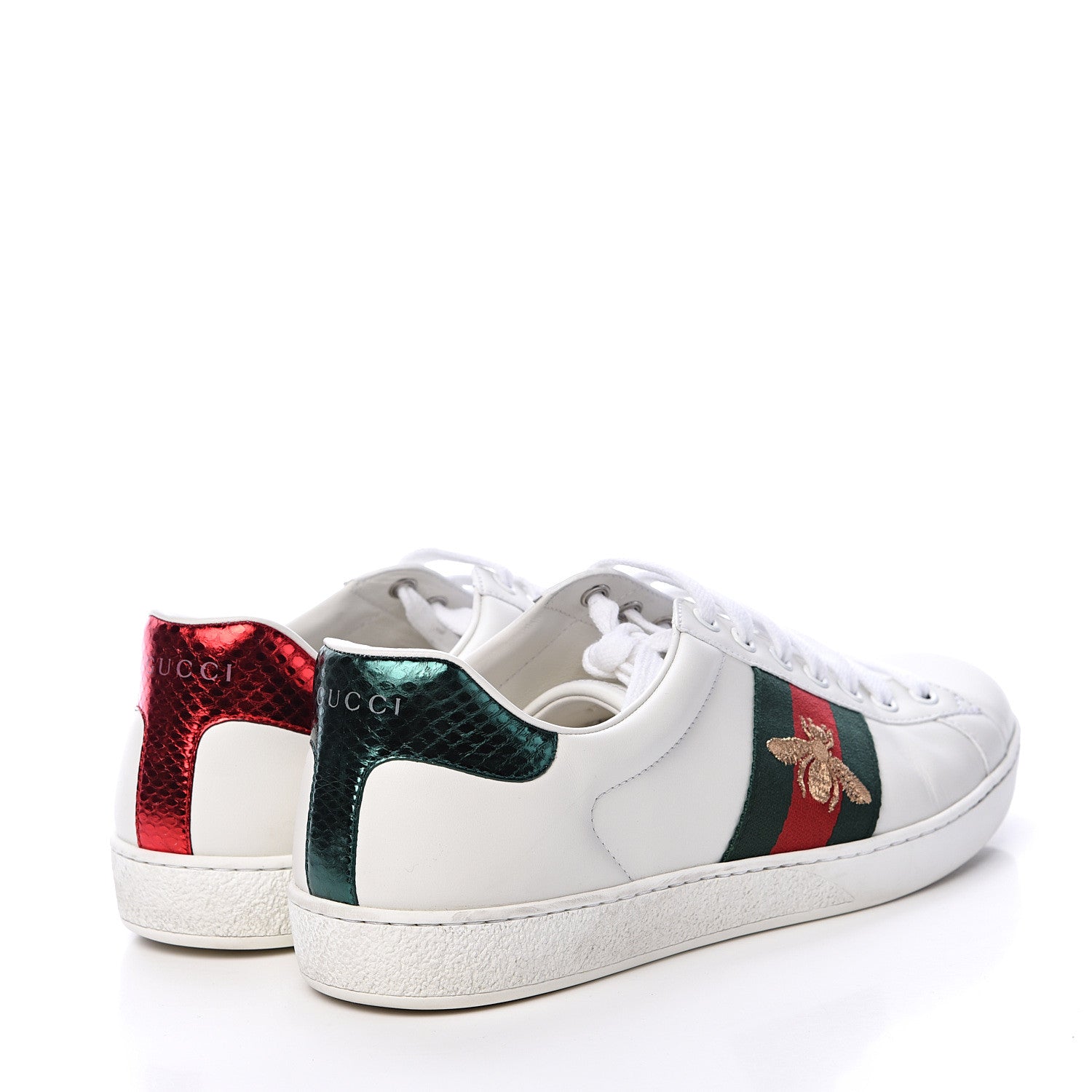 Gucci Miro Soft Calfskin Laminated Ayers Web Bee Embroidered Mens Ace Sneakers 8 White Red Flame Green 4 of 14