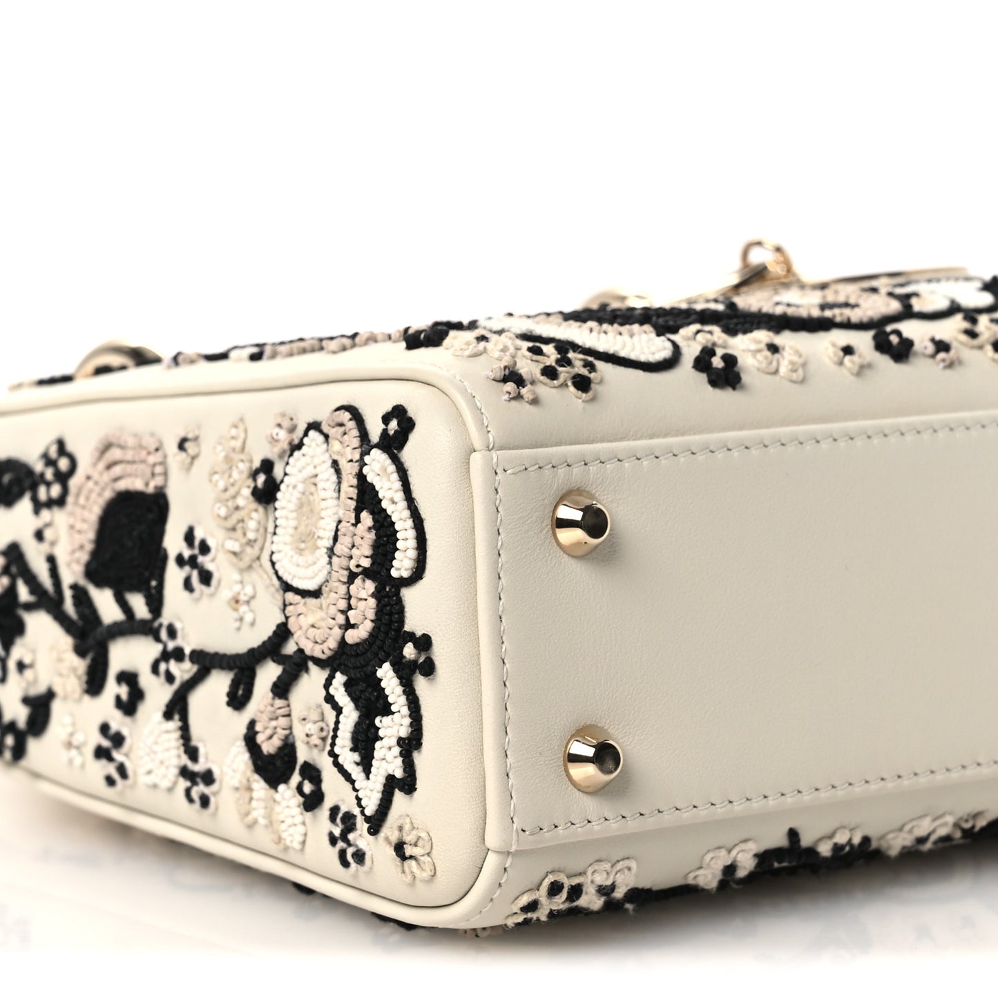 Smooth Calfskin Embroidered Beaded Floral Mini Lady Dior White Multicolor