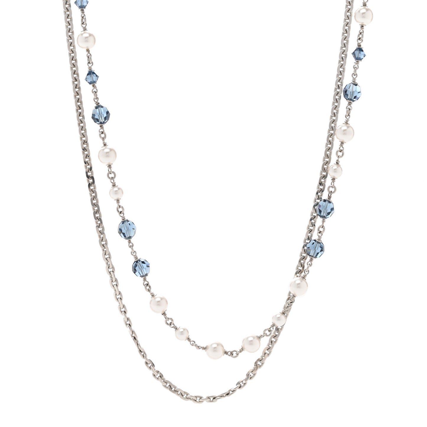 Pearl Crystal Bead CC Long Necklace Silver Blue