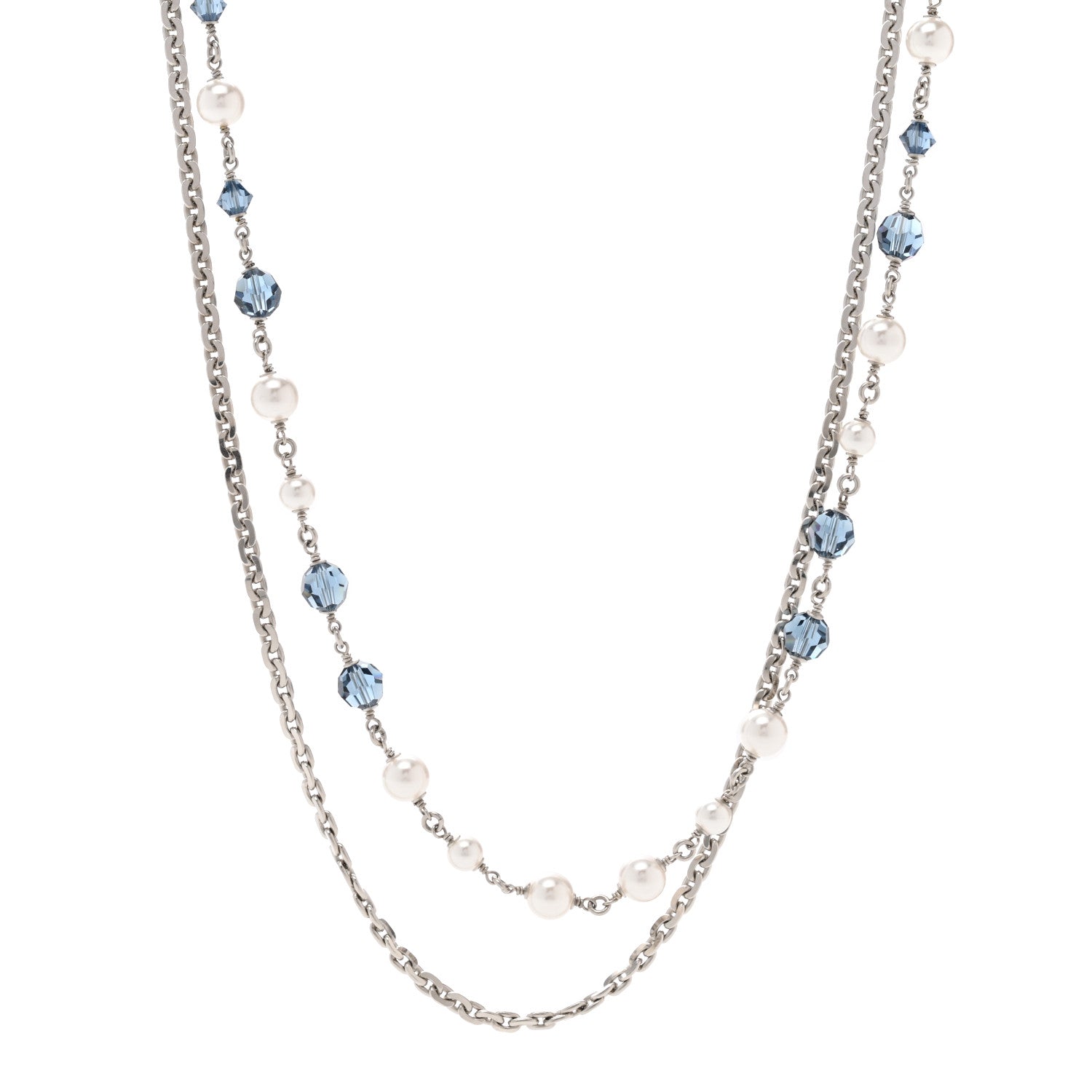 Chanel Pearl Crystal Bead CC Long Necklace Silver Blue 1 of 5