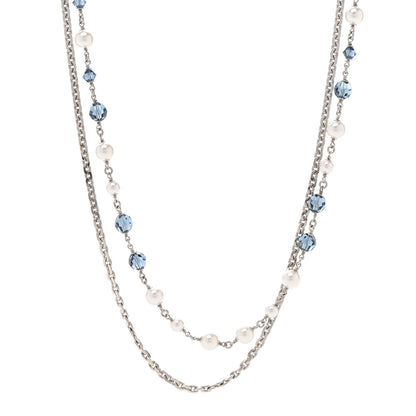 Chanel Pearl Crystal Bead CC Long Necklace Silver Blue 1 of 5