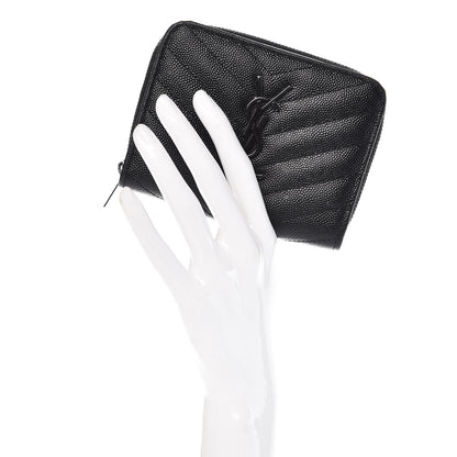 Saint Laurent Grain De Poudre Matelasse Chevron Monogram Compact Zip Around Wallet Black 2 of 14