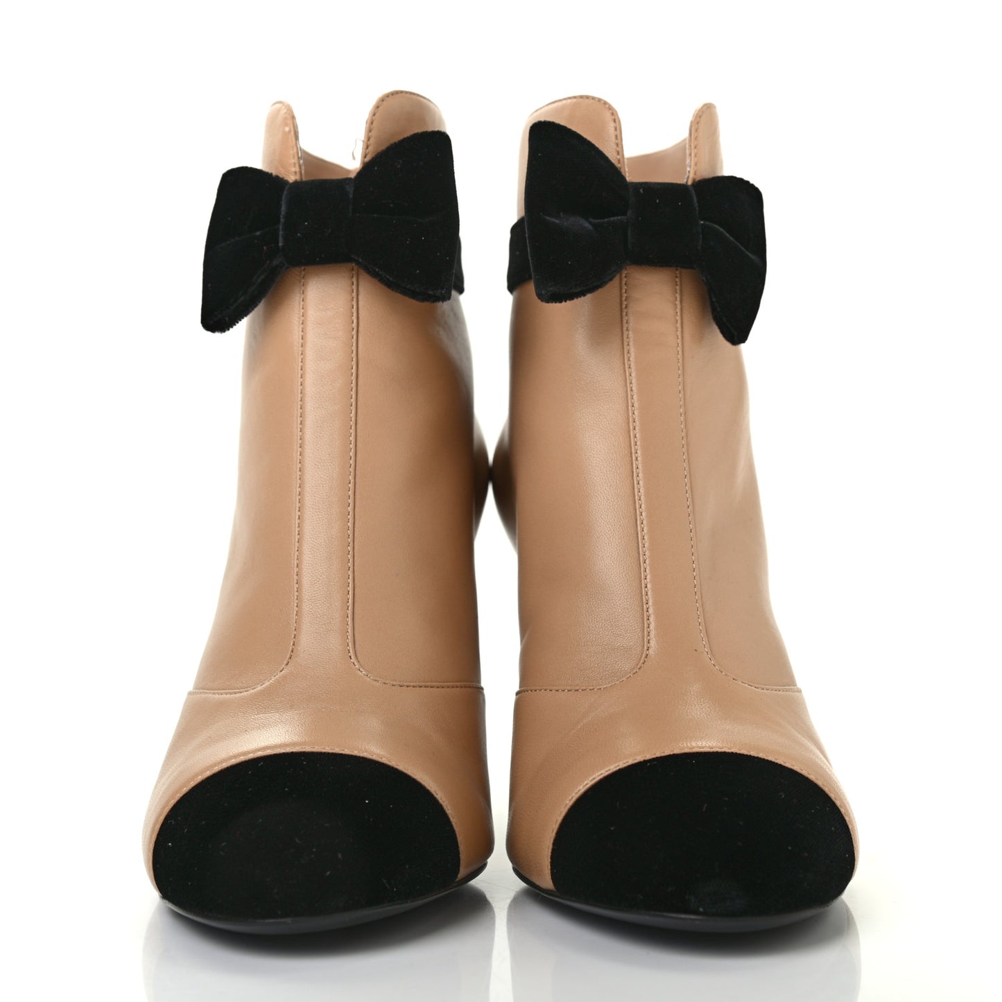 Lambskin Velvet CC Bow Cap Toe Short Boots 38.5 Beige Black