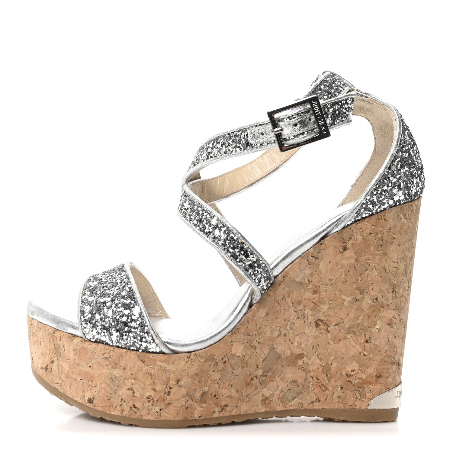 Jimmy Choo Coarse Glitter Cork Portia 120 Wedge Sandals 36.5 Silver 1 of 8