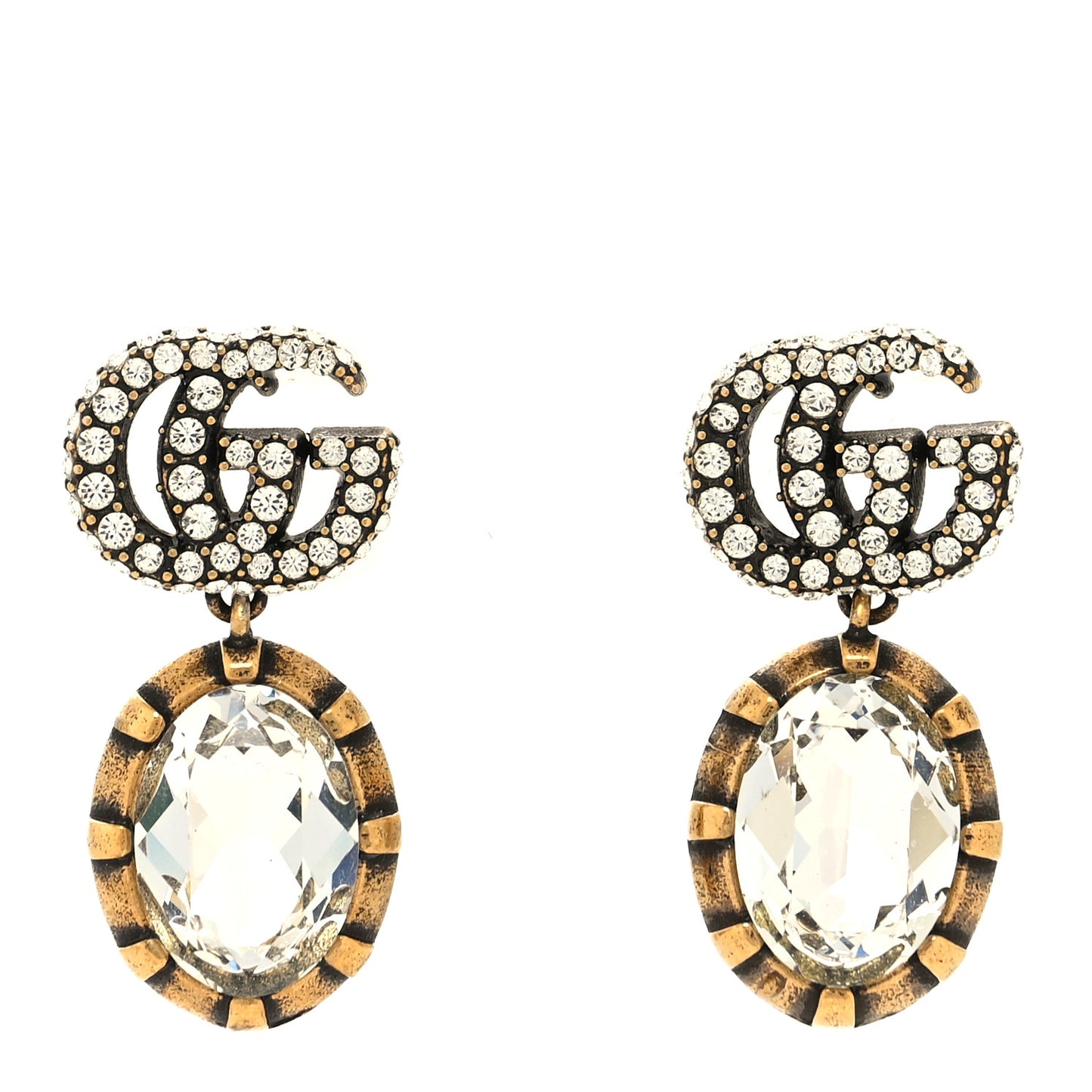 Metal Crystal Double G Drop Earrings Aged Gold