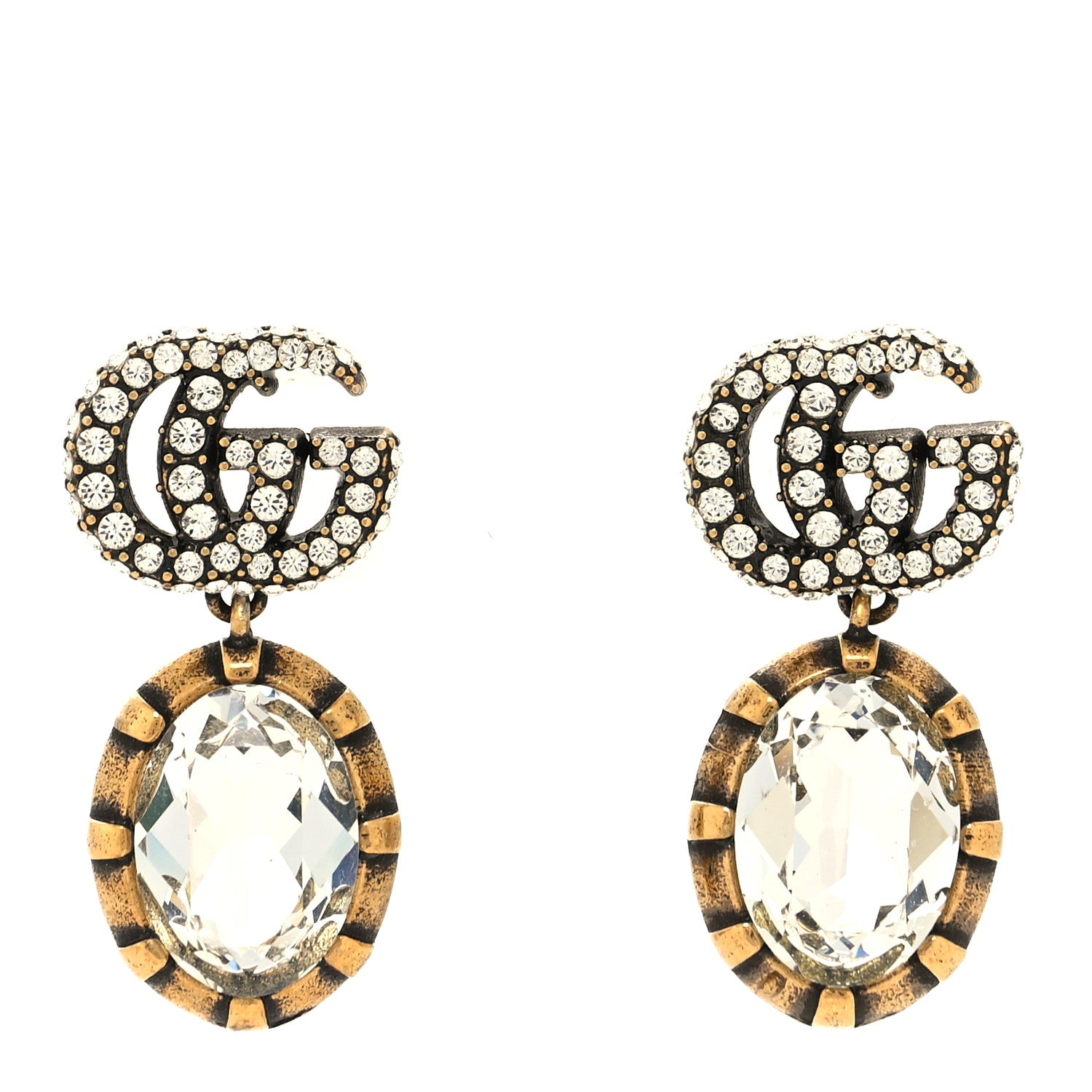 Gucci Metal Crystal Double G Drop Earrings Aged Gold 1 of 4