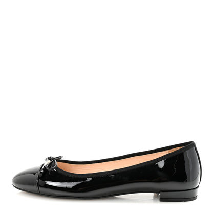 Prada Nappa Vernice Cap Toe Logo Bow Ballerina Flats 37.5 Black 1 of 9