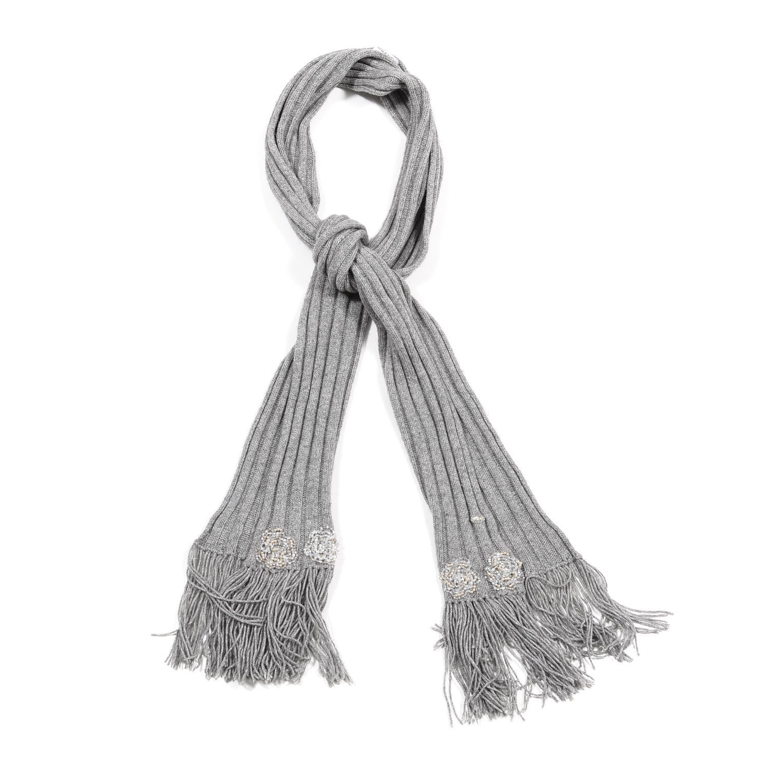 Chanel Cashmere Camellia Fringe Scarf Grey 1 of 8