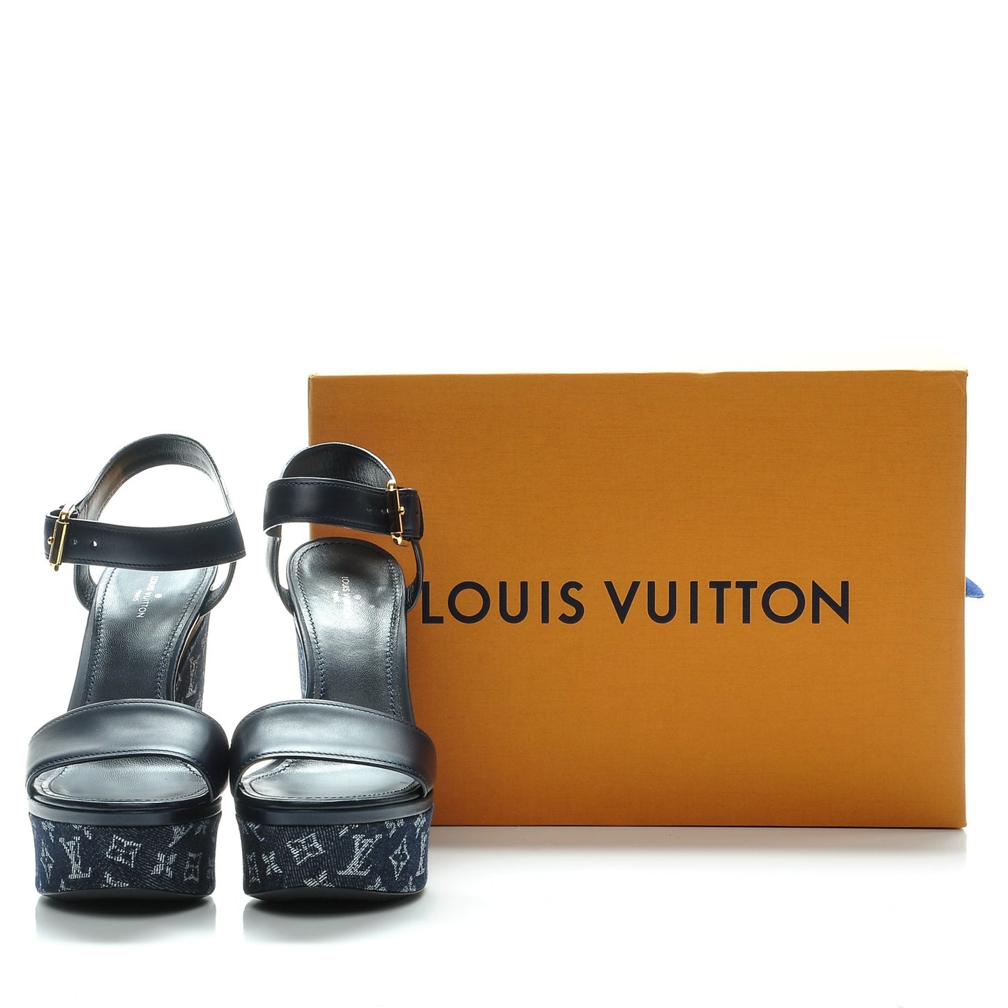 Calfskin Monogram Denim Waterfall Wedge Sandals 38 Blue