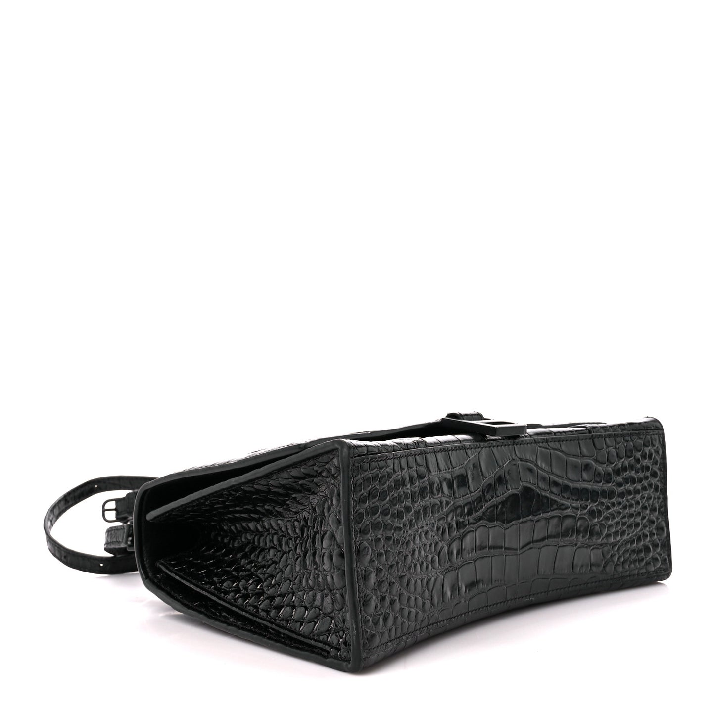 Shiny Calfskin Monochrome Crocodile Embossed Medium Hourglass Top Handle Bag Black