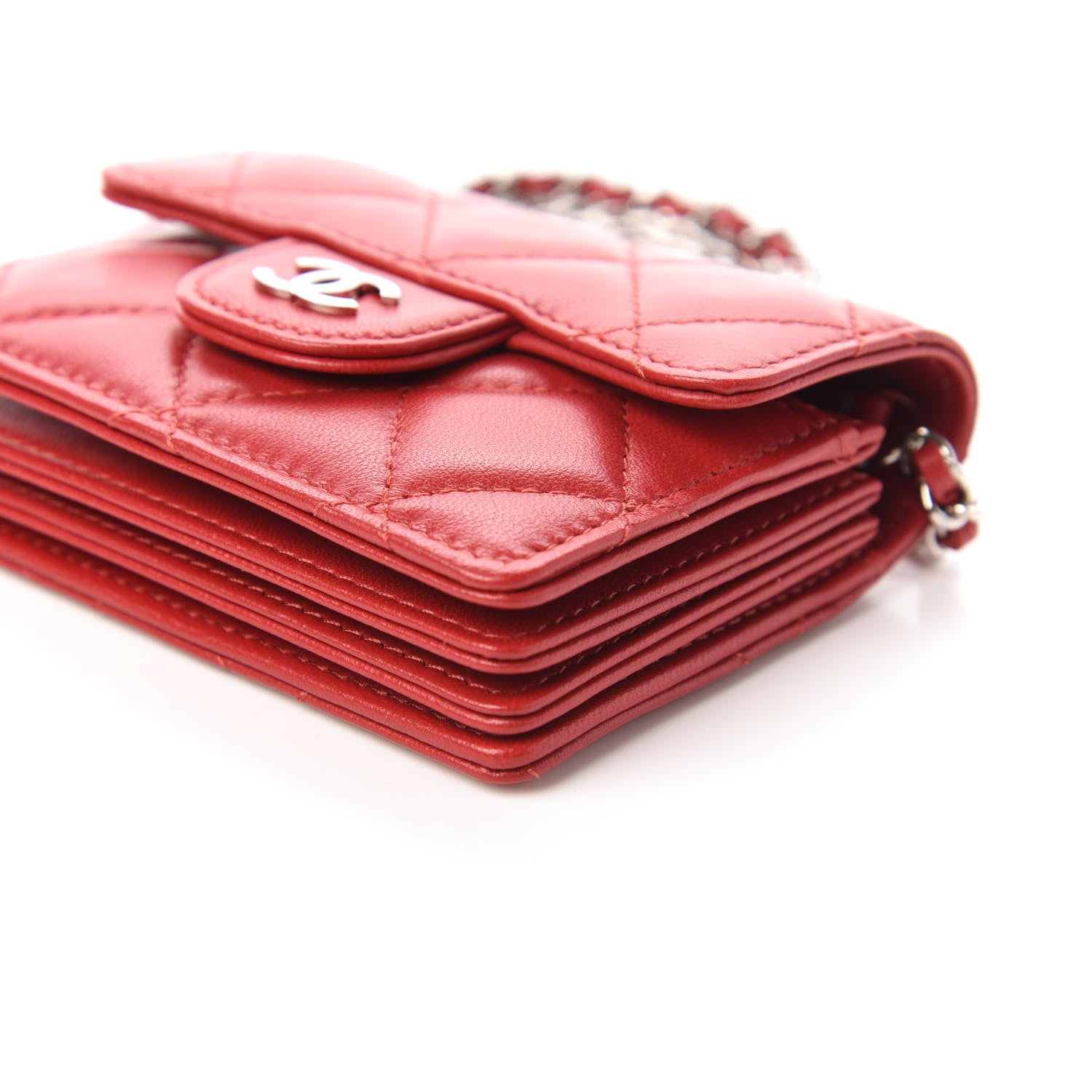 Chanel Lambskin Quilted Flap Card Holder On Chain Red 7 of 11