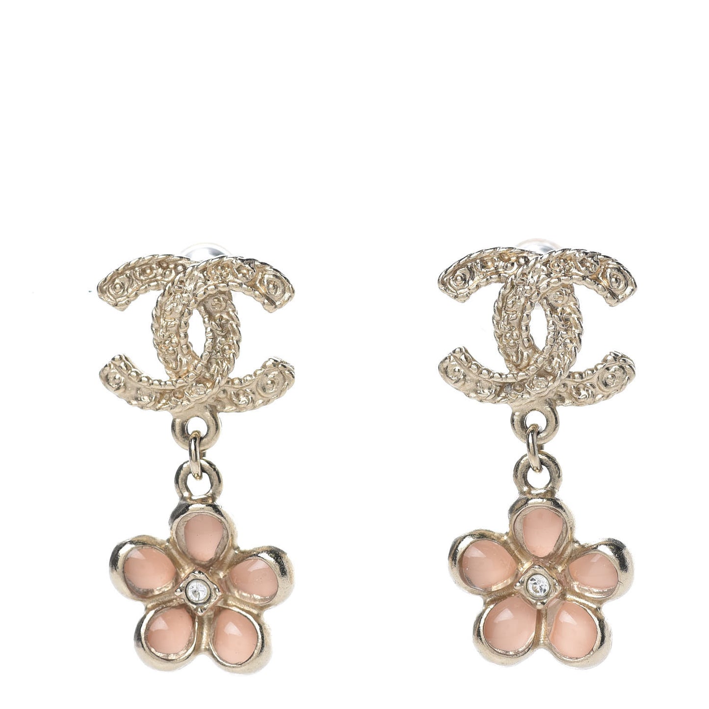 Resin Crystal CC Camellia Drop Earrings Gold Beige