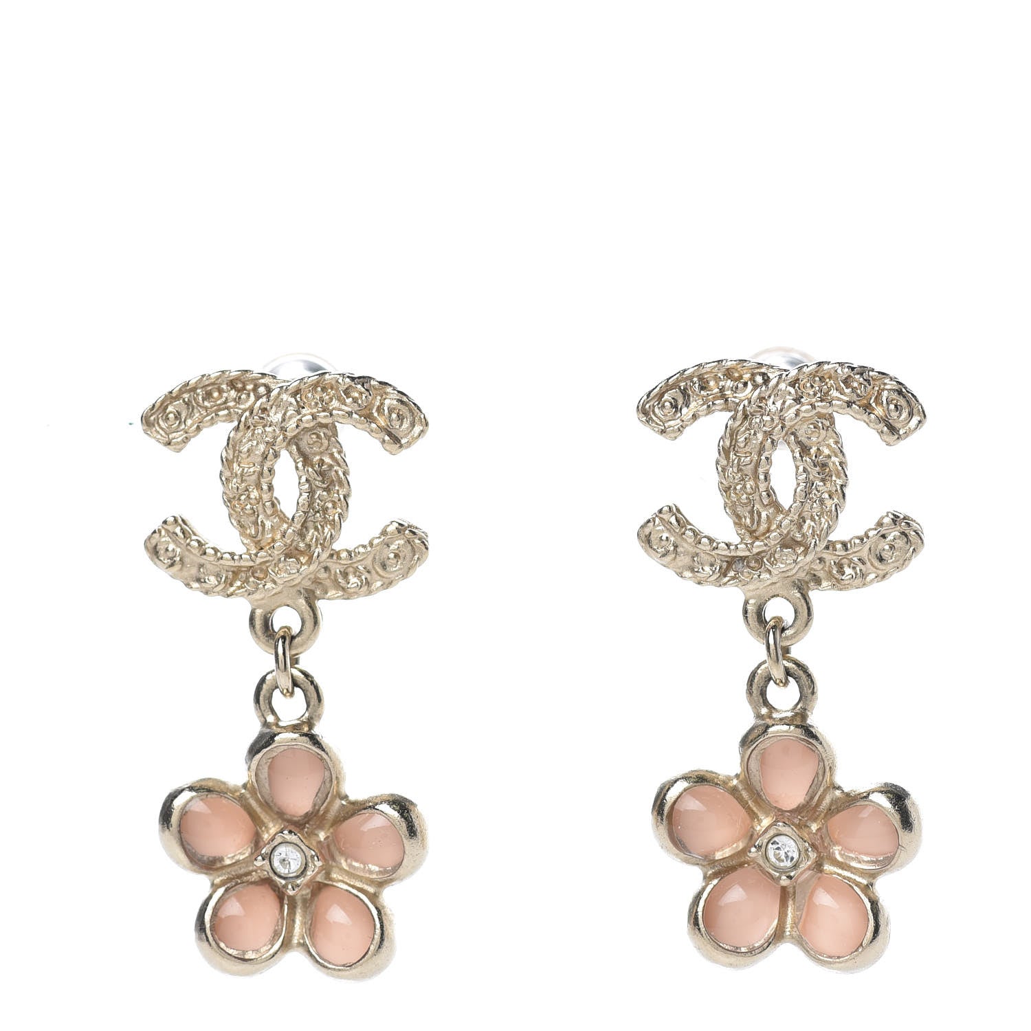 Chanel Resin Crystal CC Camellia Drop Earrings Gold Beige 1 of 4