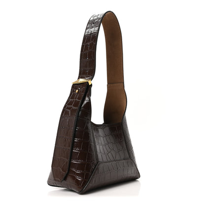 Jimmy Choo Calfskin Crocodile Embossed Small Diamond Hobo Chocolate 3 of 9