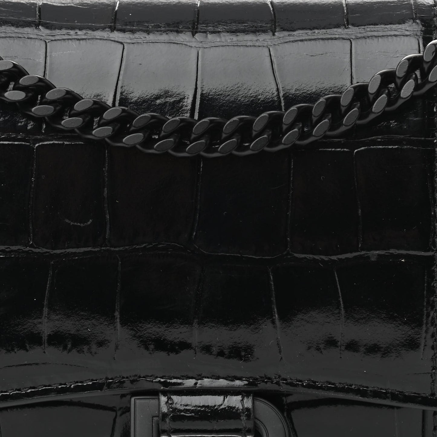 Shiny Calfskin Monochrome Crocodile Embossed Hourglass Chain Bag Black