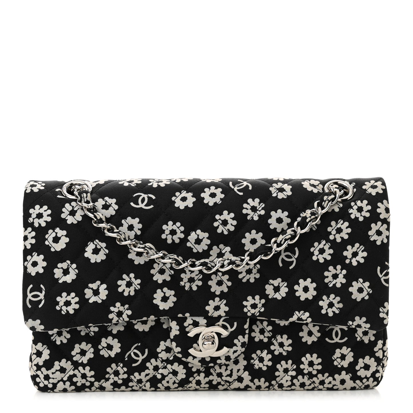 Canvas Floral Printed Quilted Medium Double Flap Black White