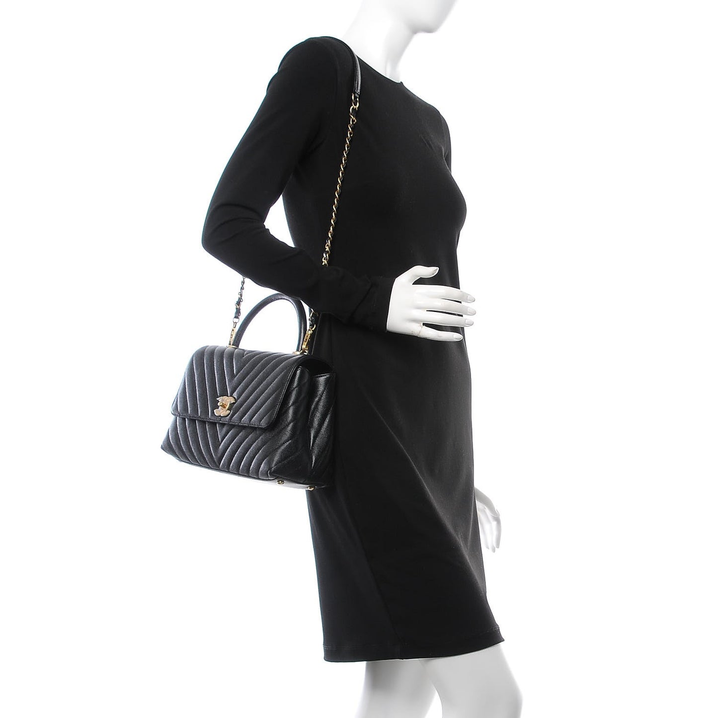 Caviar Chevron Quilted Small Coco Handle Flap Black