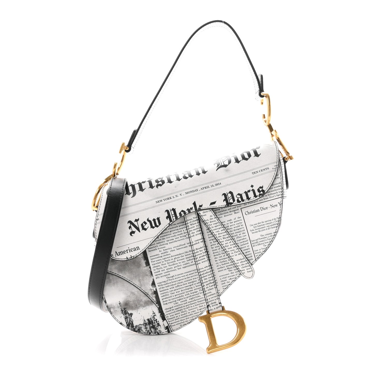 Calfskin Newspaper Printed Saddle Bag With Strap Black White