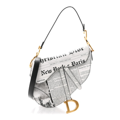 Christian Dior Calfskin Newspaper Printed Saddle Bag With Strap Black White 1 of 11