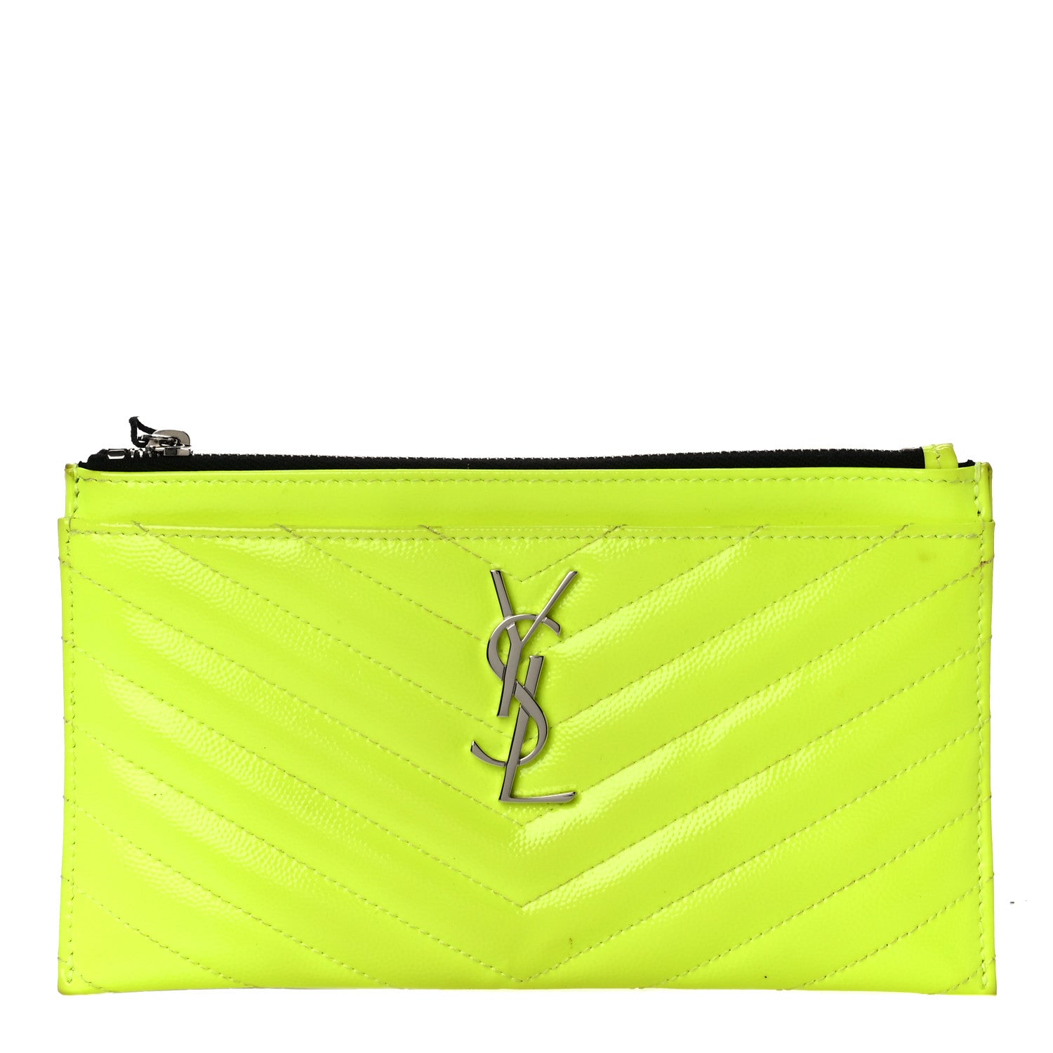 Saint Laurent Patent Grain De Poudre Matelasse Chevron Monogram Bill Pouch Neon Yellow 1 of 13
